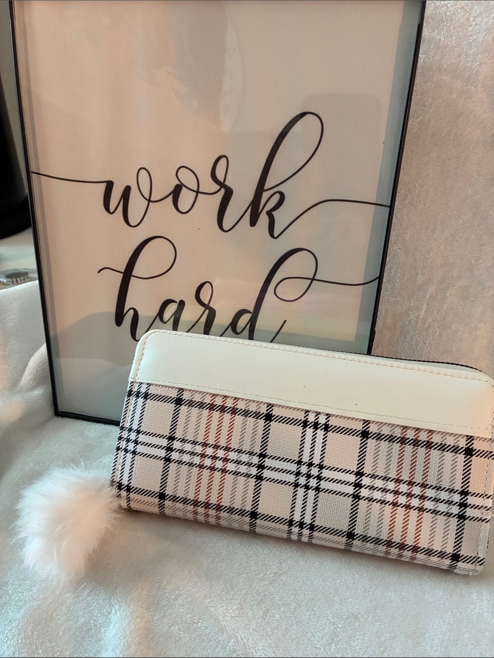 White Plaid Zip-Around Wallet with Pom Pom & White Strap. NWOT